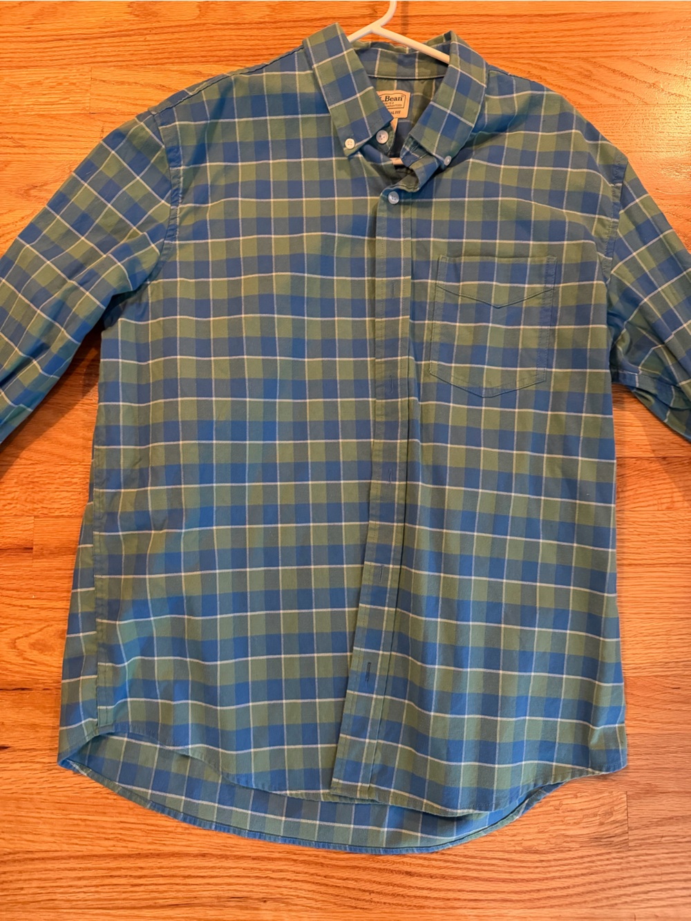 L.L. Bean Green and Blue Plaid Kennebunk Cotton Button-Down Shirt Med